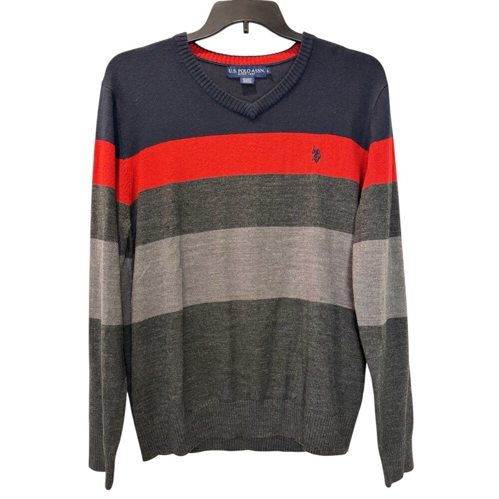 U.S. Polo Assn Menβs Size L Large V-Neck Sweater Red Blue Gray Stripes
